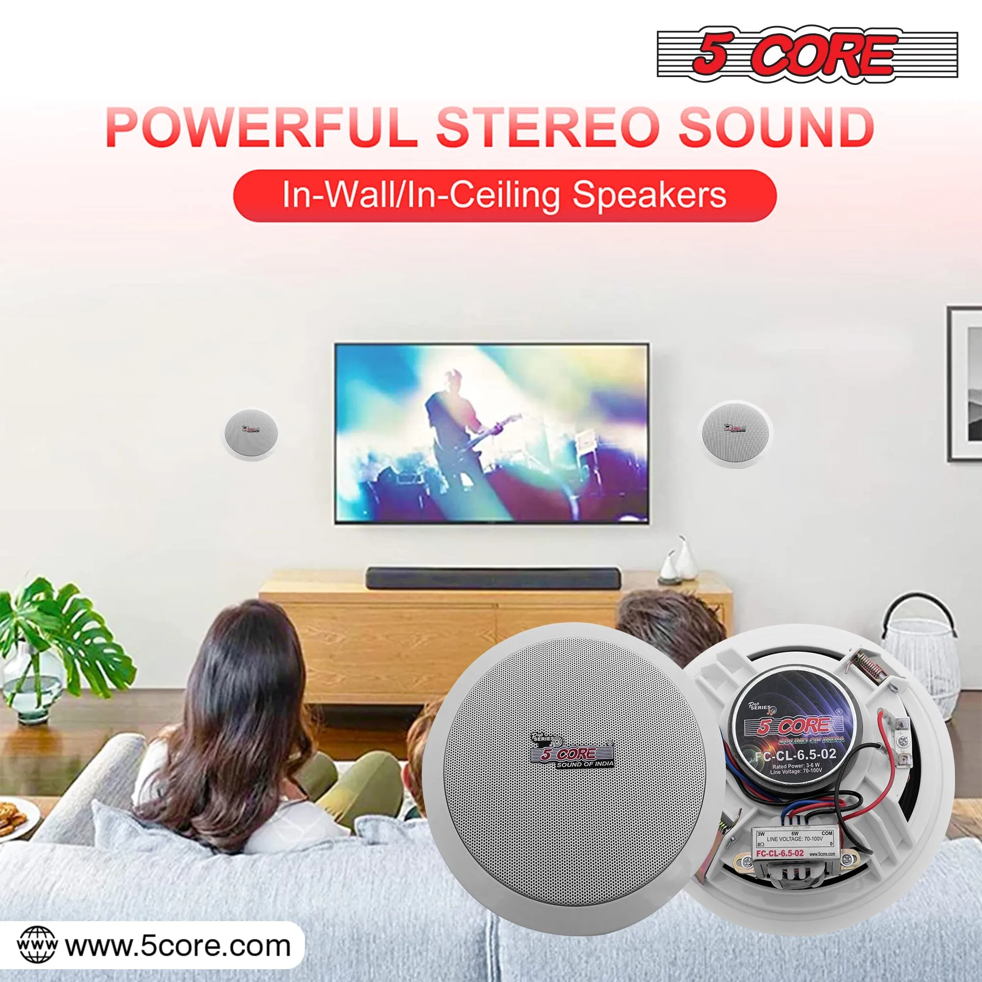 5Core Ceiling Speaker 6.5 Inch In Wall 2 Way Home Audio Mount 60W