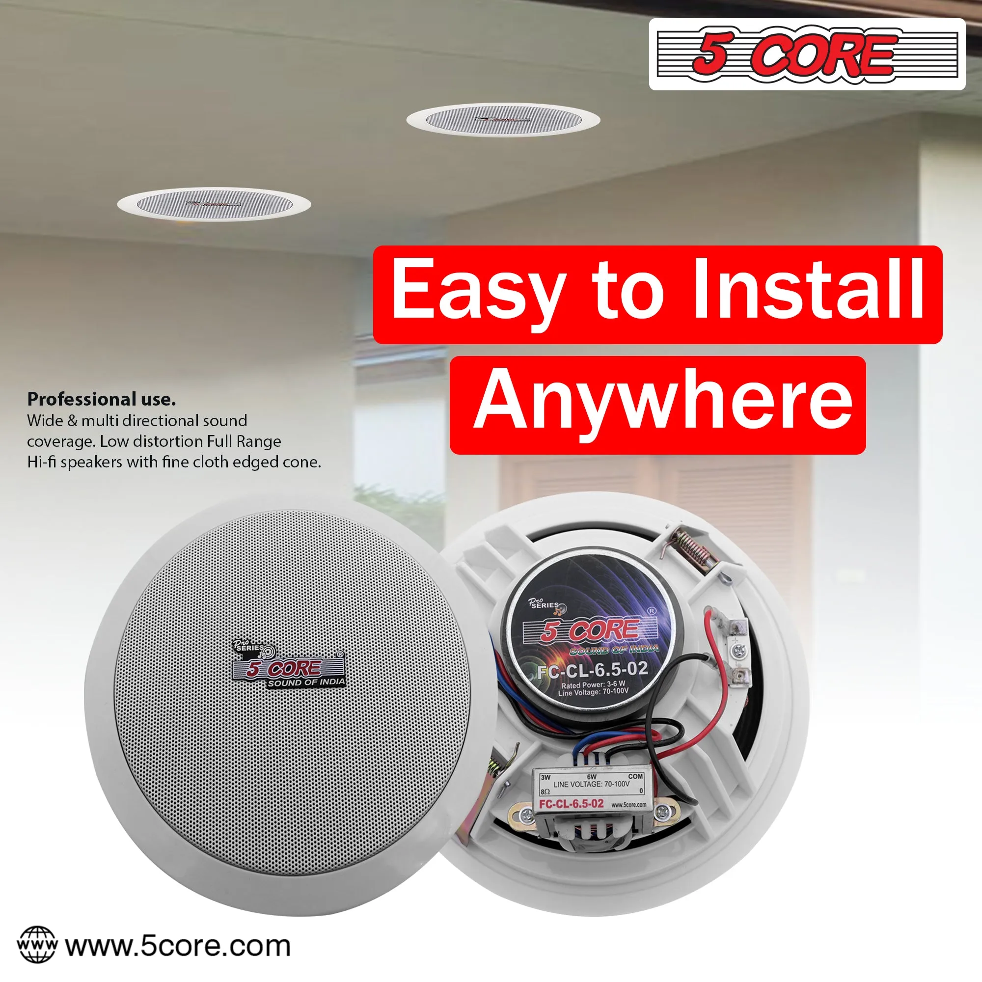 5Core Ceiling Speaker 6.5 Inch In Wall 2 Way Home Audio Mount 60W