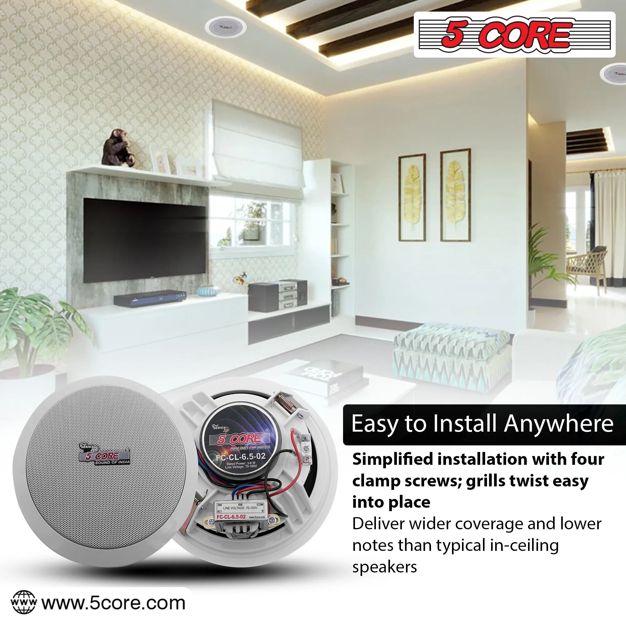 5Core Ceiling Speaker 6.5 Inch In Wall 2 Way Home Audio Mount 60W