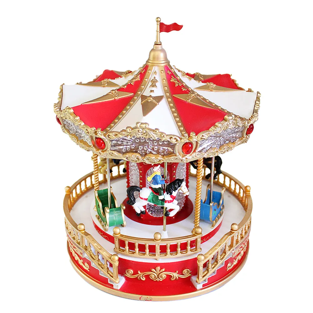 Animated Christmas Village Rotating Carousel Colorful LED Lights Music