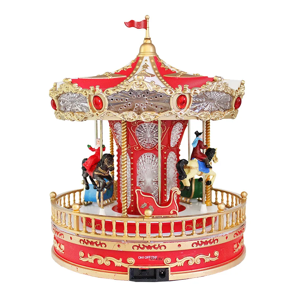 Animated Christmas Village Rotating Carousel Colorful LED Lights Music