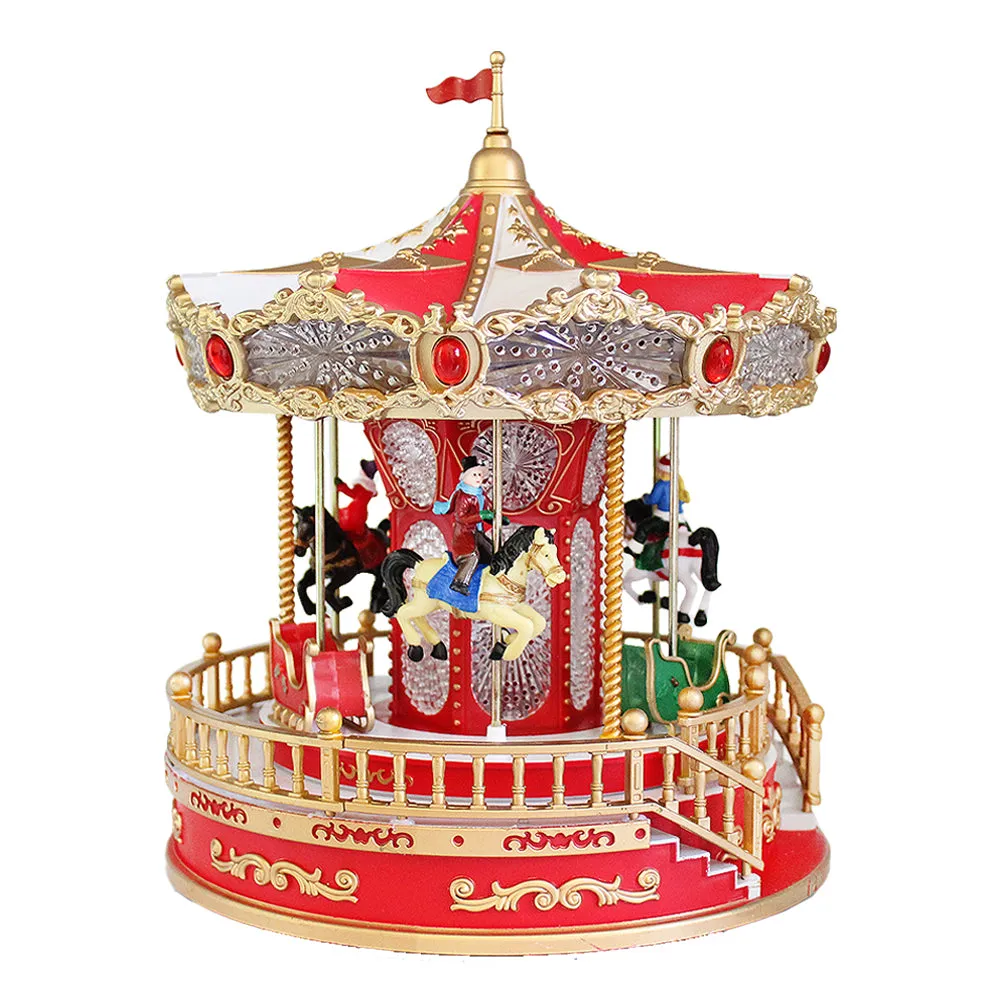 Animated Christmas Village Rotating Carousel Colorful LED Lights Music