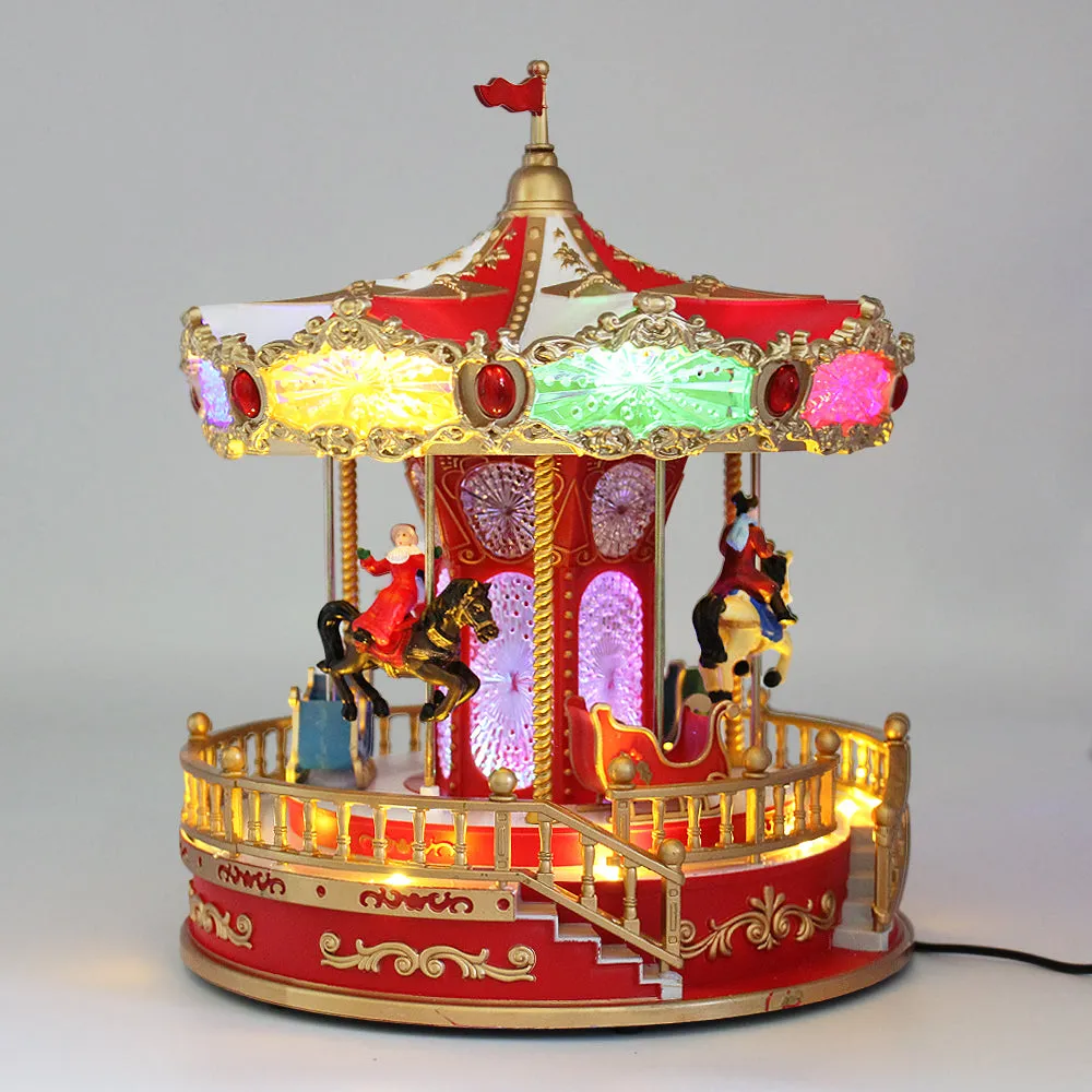 Animated Christmas Village Rotating Carousel Colorful LED Lights Music