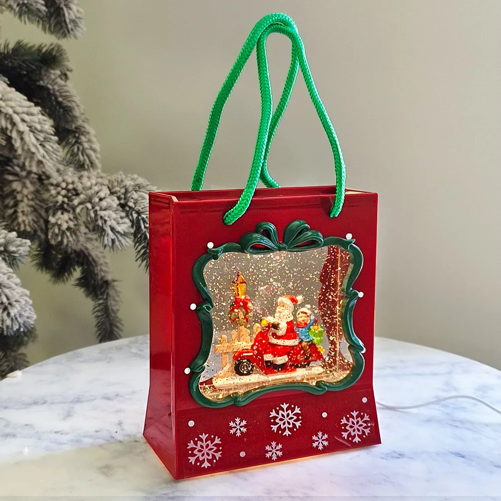 Christmas Musical Water Lantern Gift Bag with Sculpted Scene Swirling Confetti LED Light