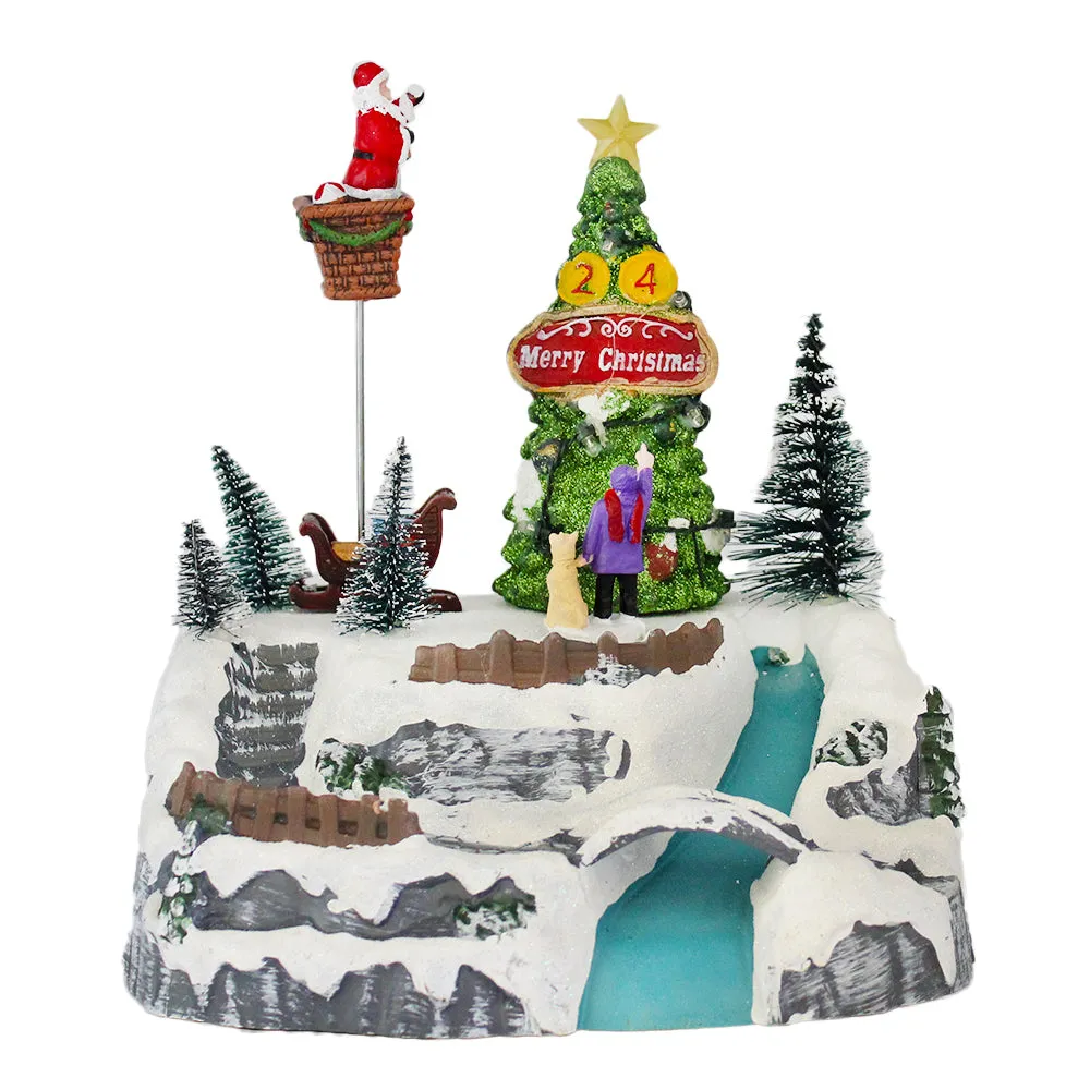 Christmas Village Snowy Hillside Animated Santa Christmas Tree LED Lights Music