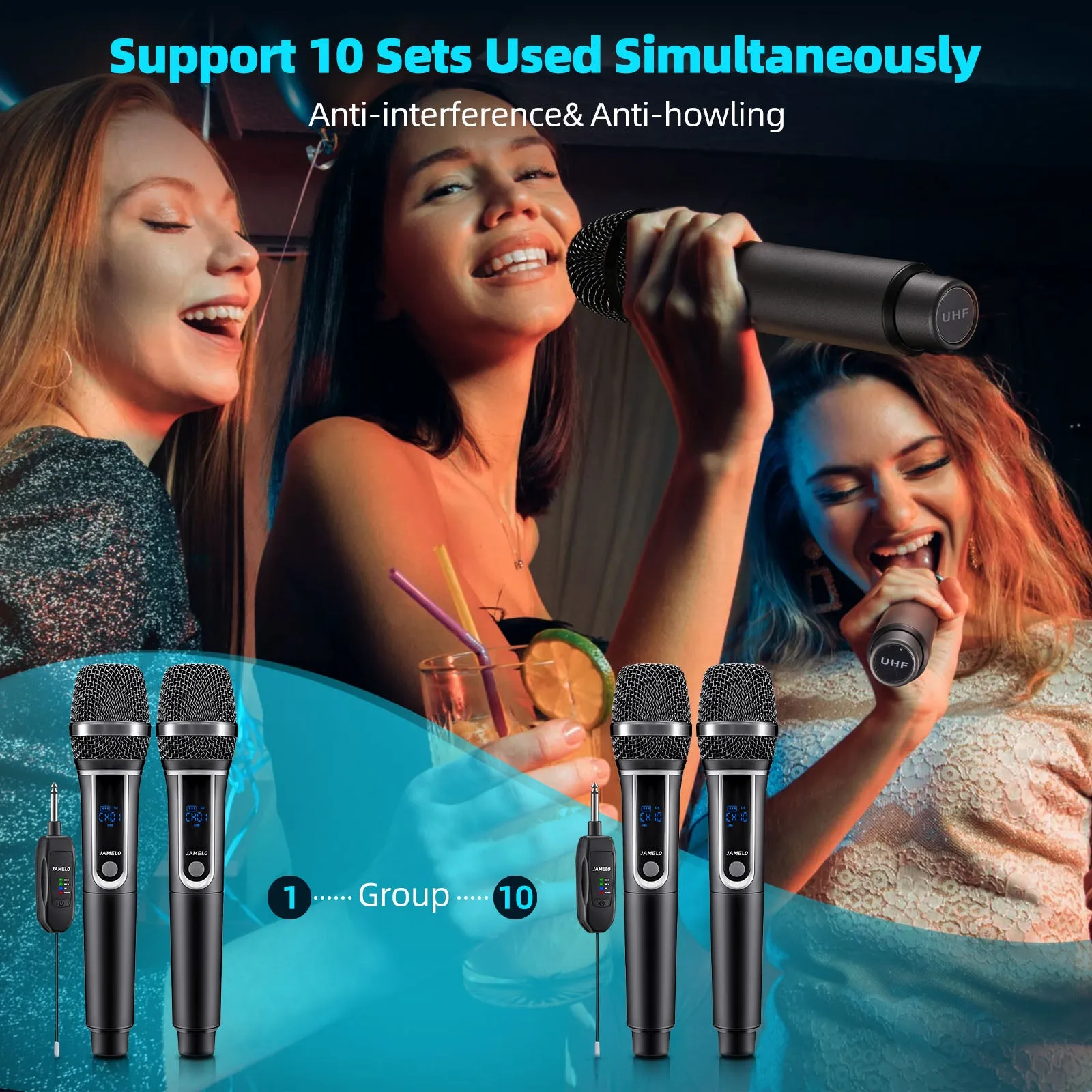 JAMELO UHF Dual Karaoke Wireless Microphones System Dynamic Mic Set