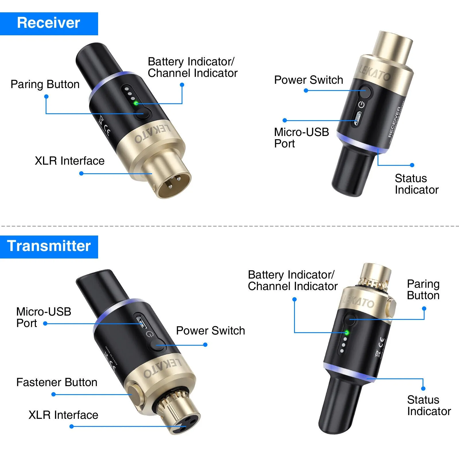 LEKATO MW-1 5.8G Wireless Dynamic Microphone System Plug-on XLR