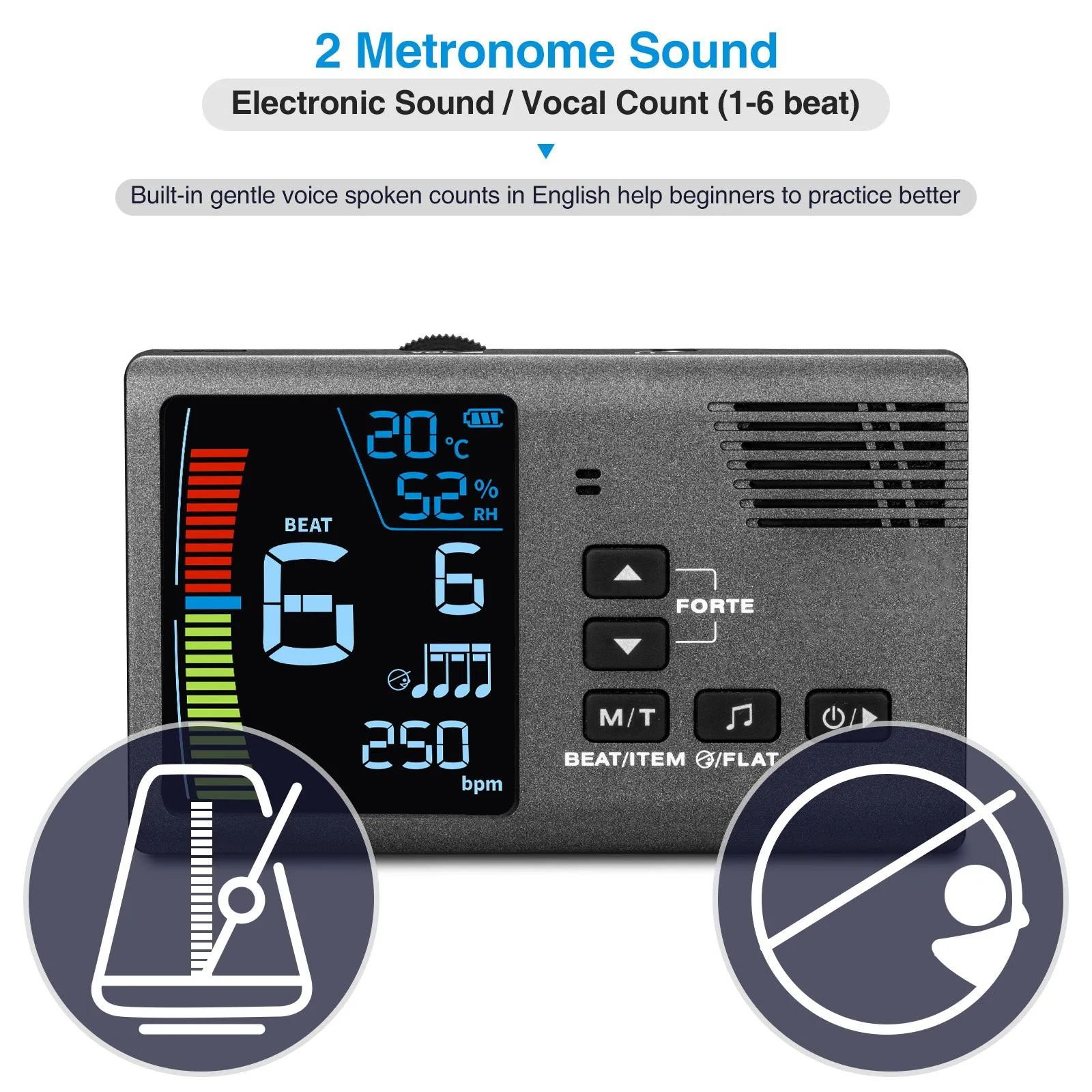 POGOLAB 5 in 1 Digital Metronome Tuner Temperature Humidity w/ Clip Pickup Guitar Bass