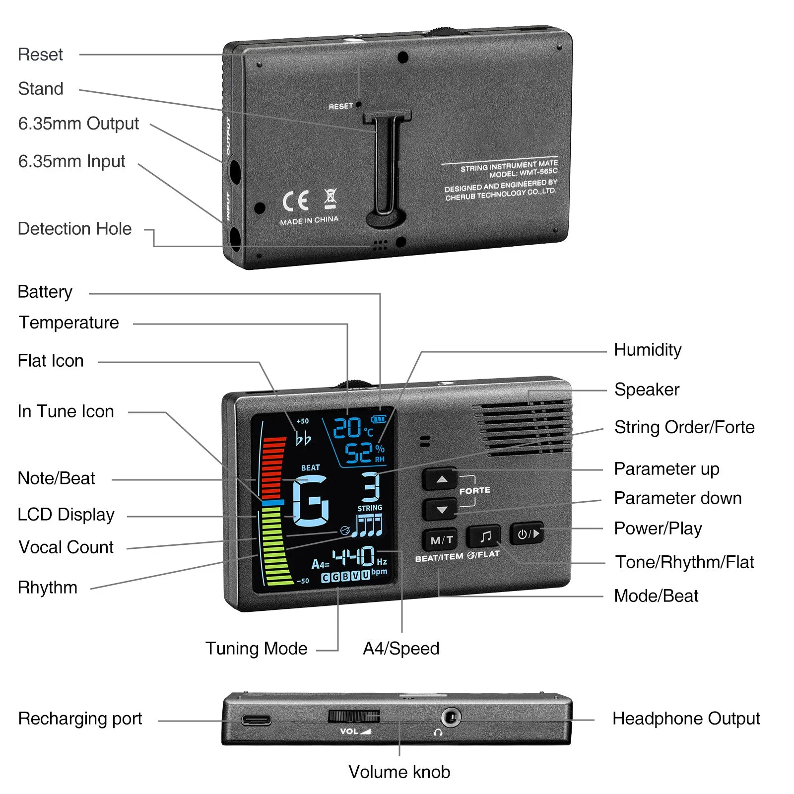 POGOLAB 5 in 1 Digital Metronome Tuner Temperature Humidity w/ Clip Pickup Guitar Bass