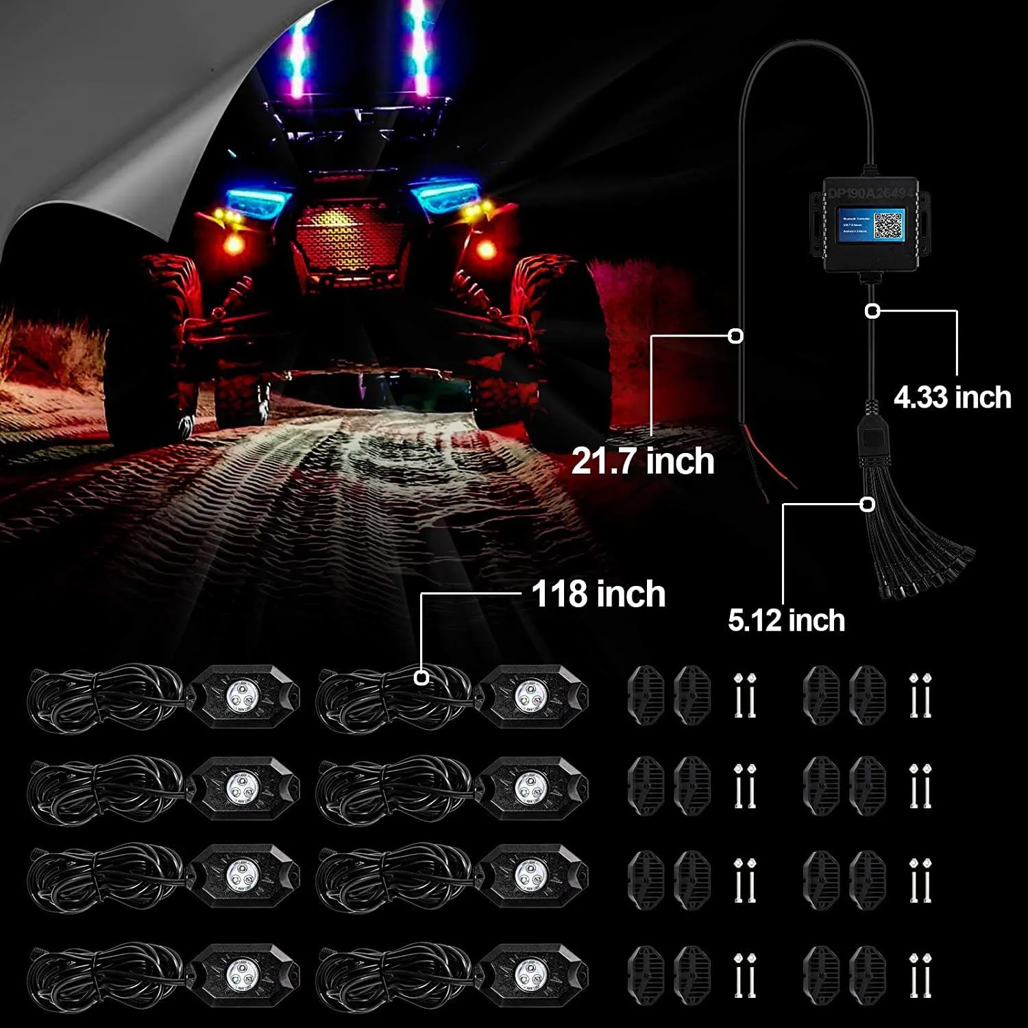 RGB LED Rock Light Set with Bluetooth Controller for ATV UTV