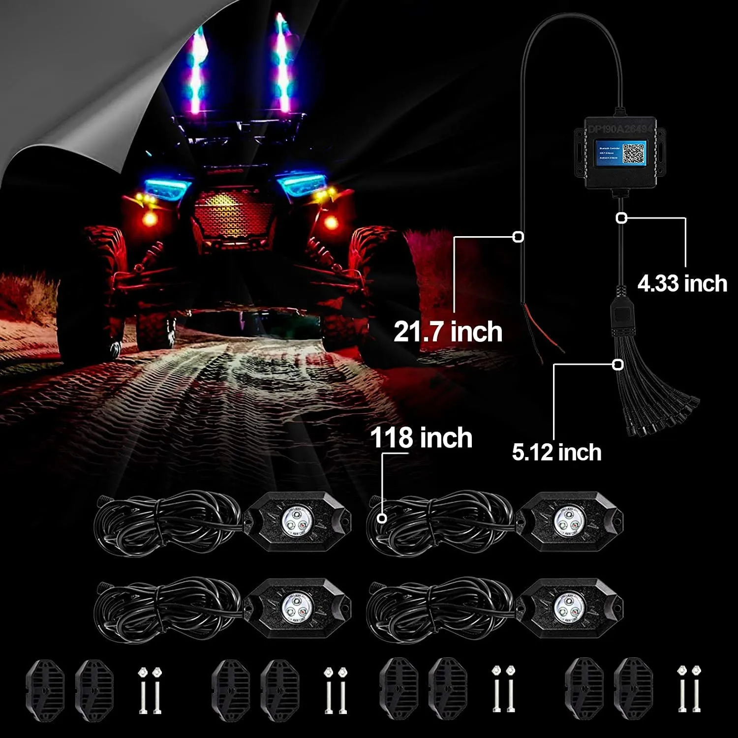 RGB LED Rock Light Set with Bluetooth Controller for ATV UTV