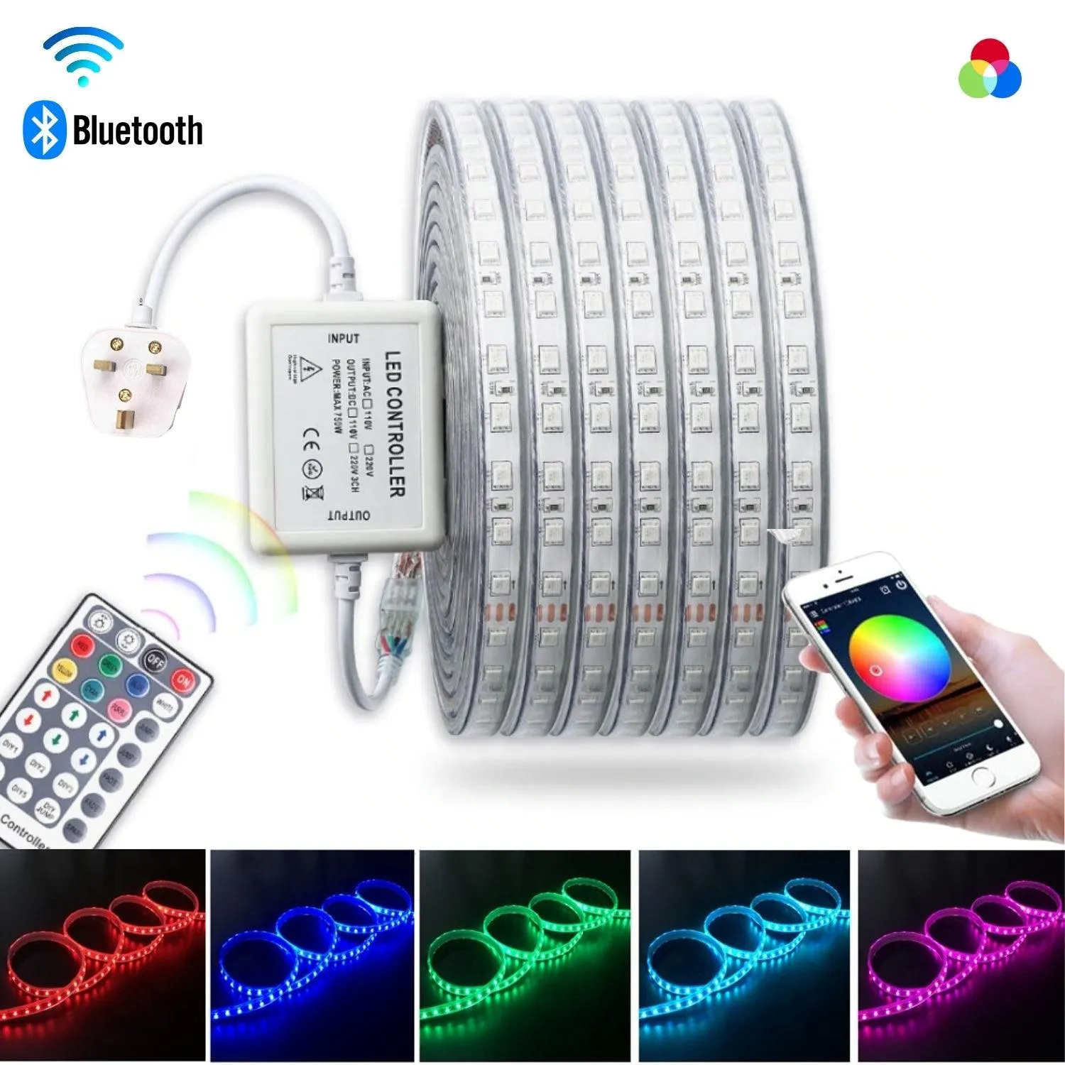 RGB LED Strip 220V 240V 60LEDs/m IP65 Wireless Bluetooth App Control with Remote