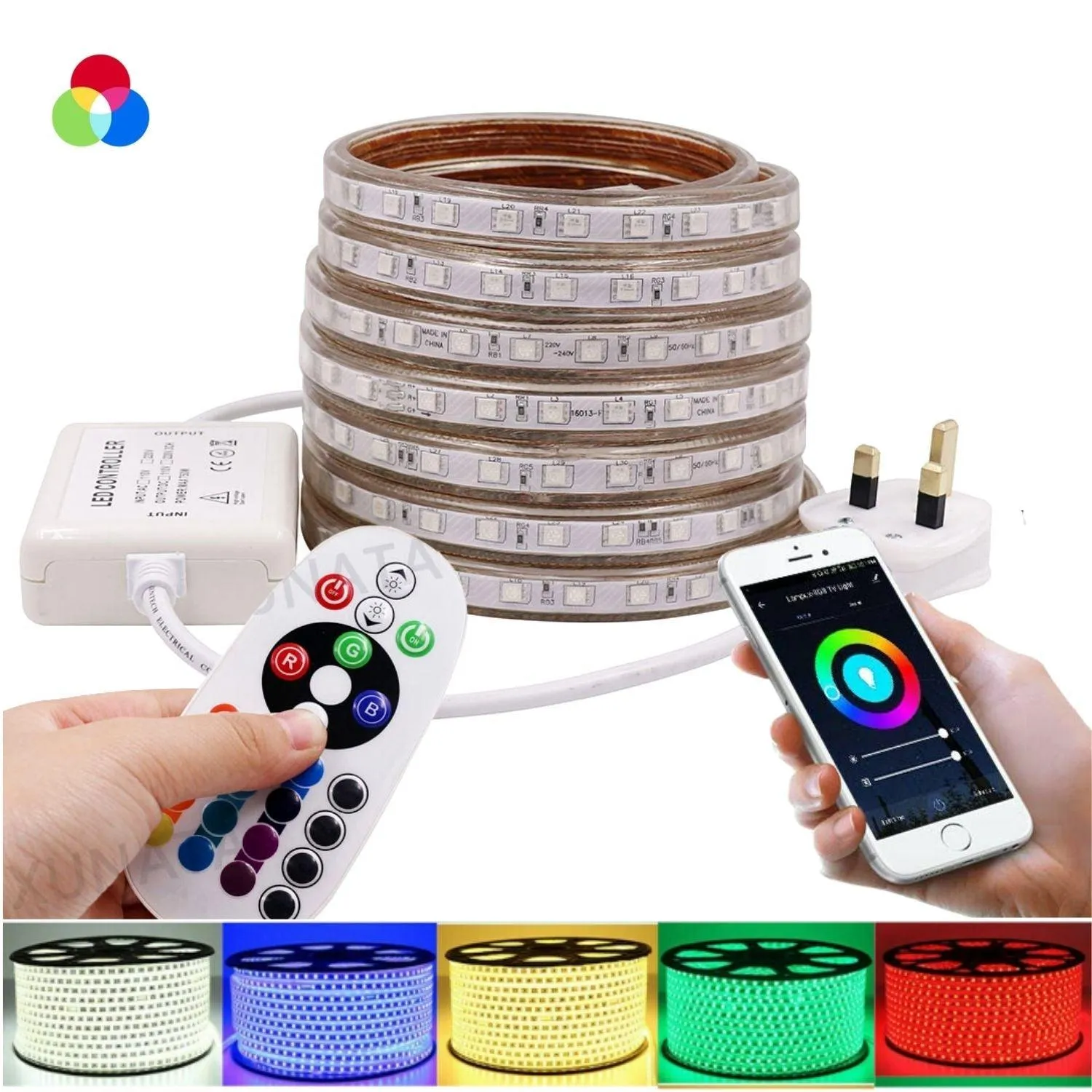 RGB LED Strip 220V 240V 60LEDs/m IP65 Wireless Bluetooth App Control with Remote