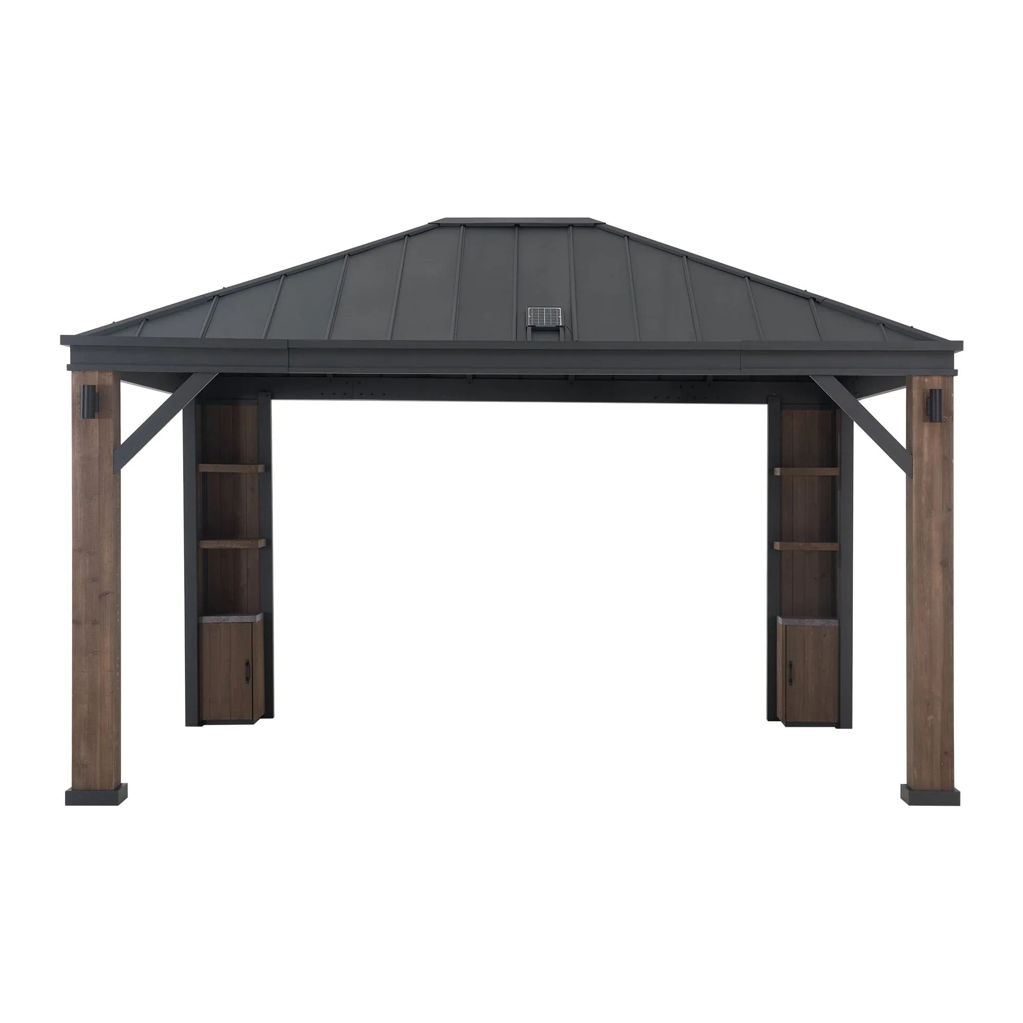 SUNJOY Outdoor Patio 12x14 Solar Powered Backyard Hardtop Wooden Gazebo with LED Light and Bluetooth Sound