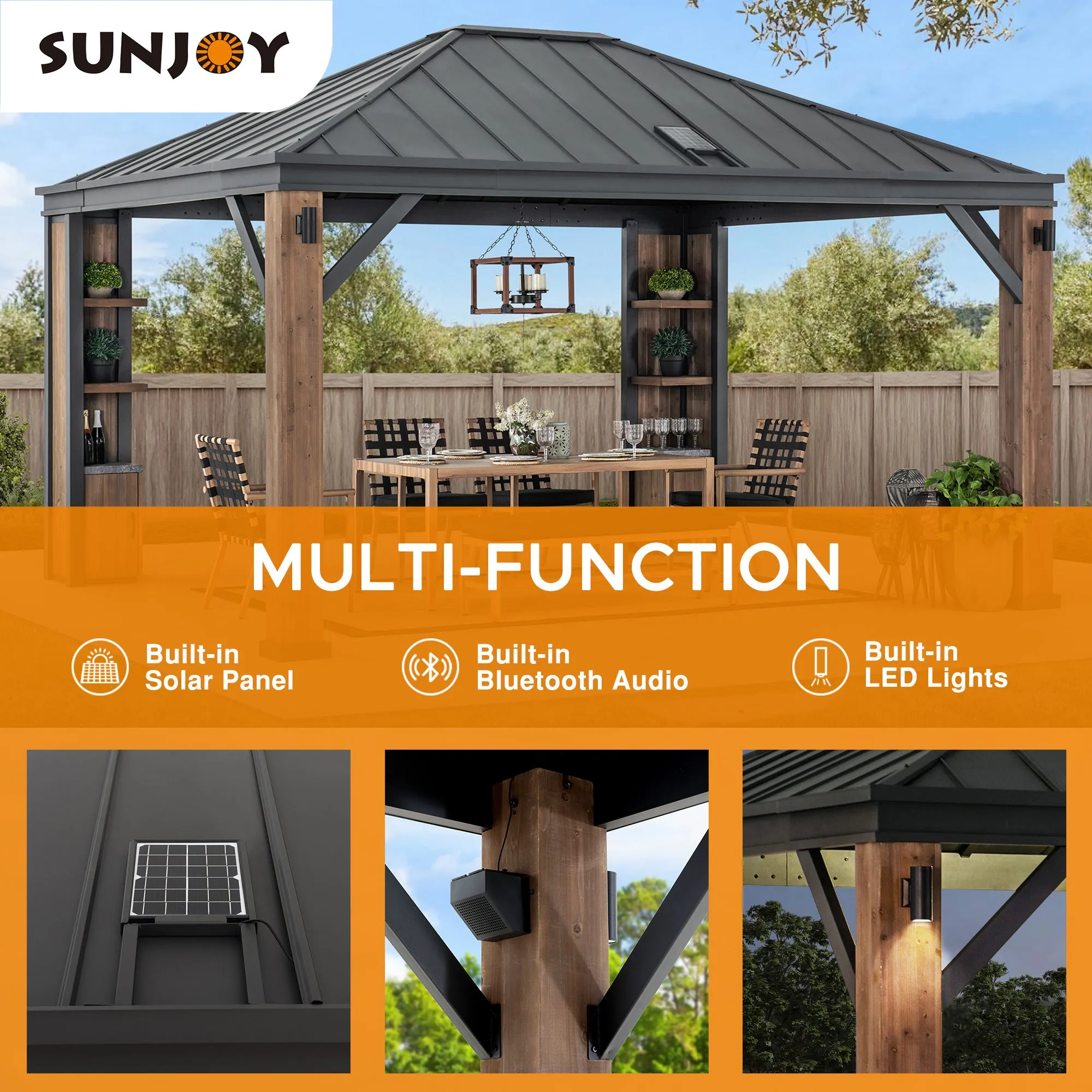 SUNJOY Outdoor Patio 12x14 Solar Powered Backyard Hardtop Wooden Gazebo with LED Light and Bluetooth Sound