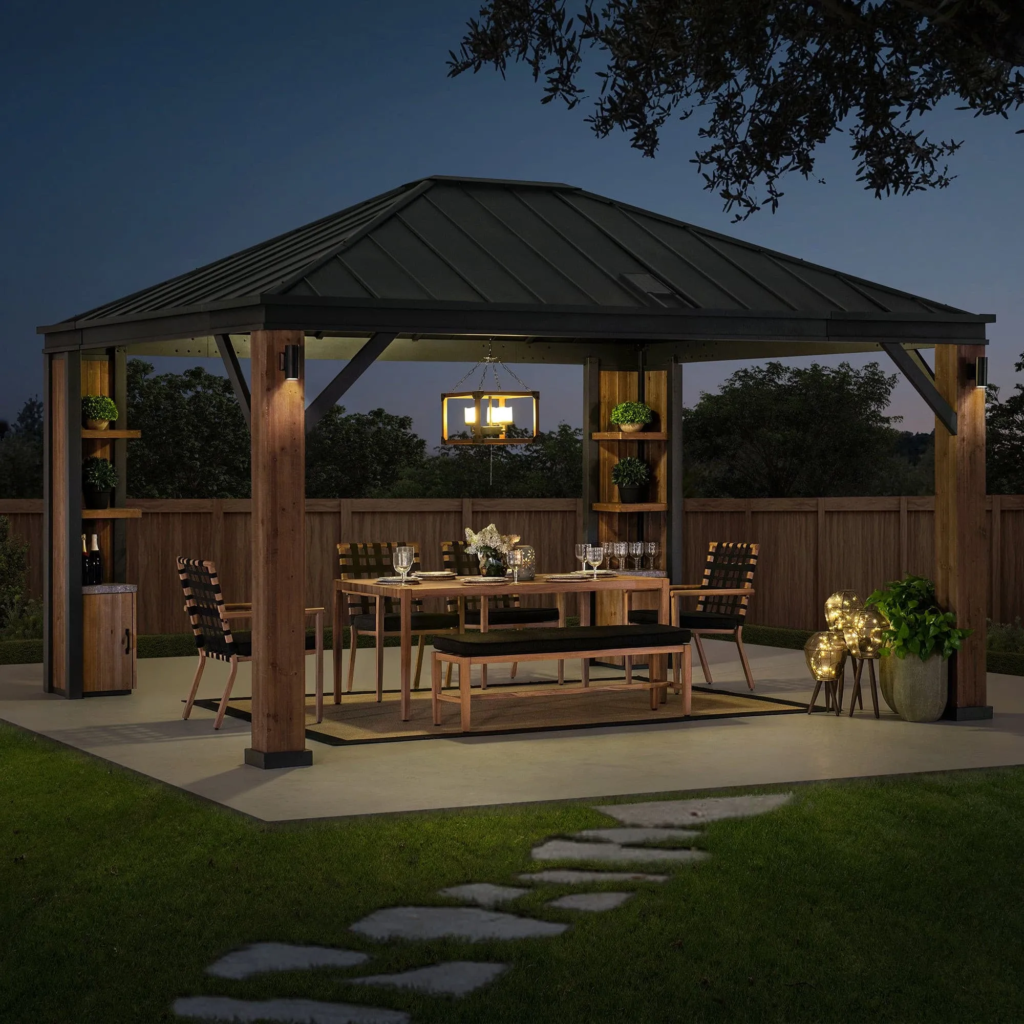 SUNJOY Outdoor Patio 12x14 Solar Powered Backyard Hardtop Wooden Gazebo with LED Light and Bluetooth Sound