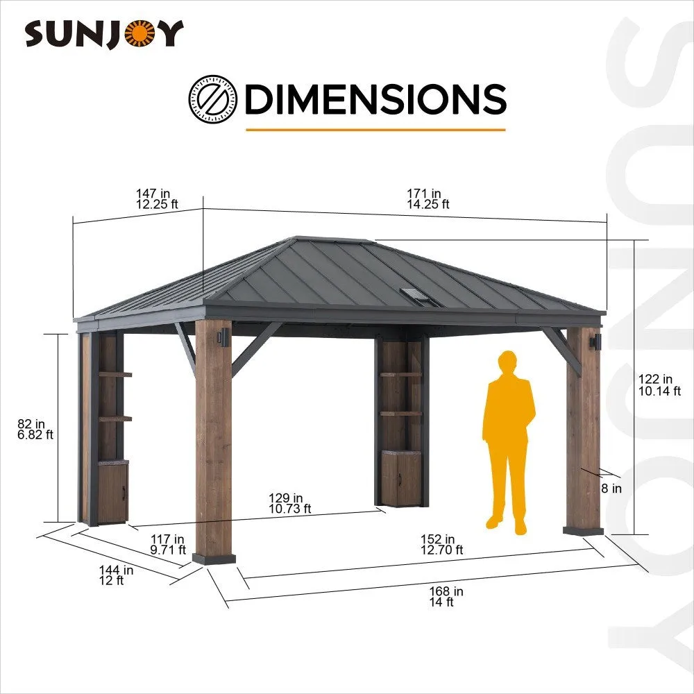 SUNJOY Outdoor Patio 12x14 Solar Powered Backyard Hardtop Wooden Gazebo with LED Light and Bluetooth Sound