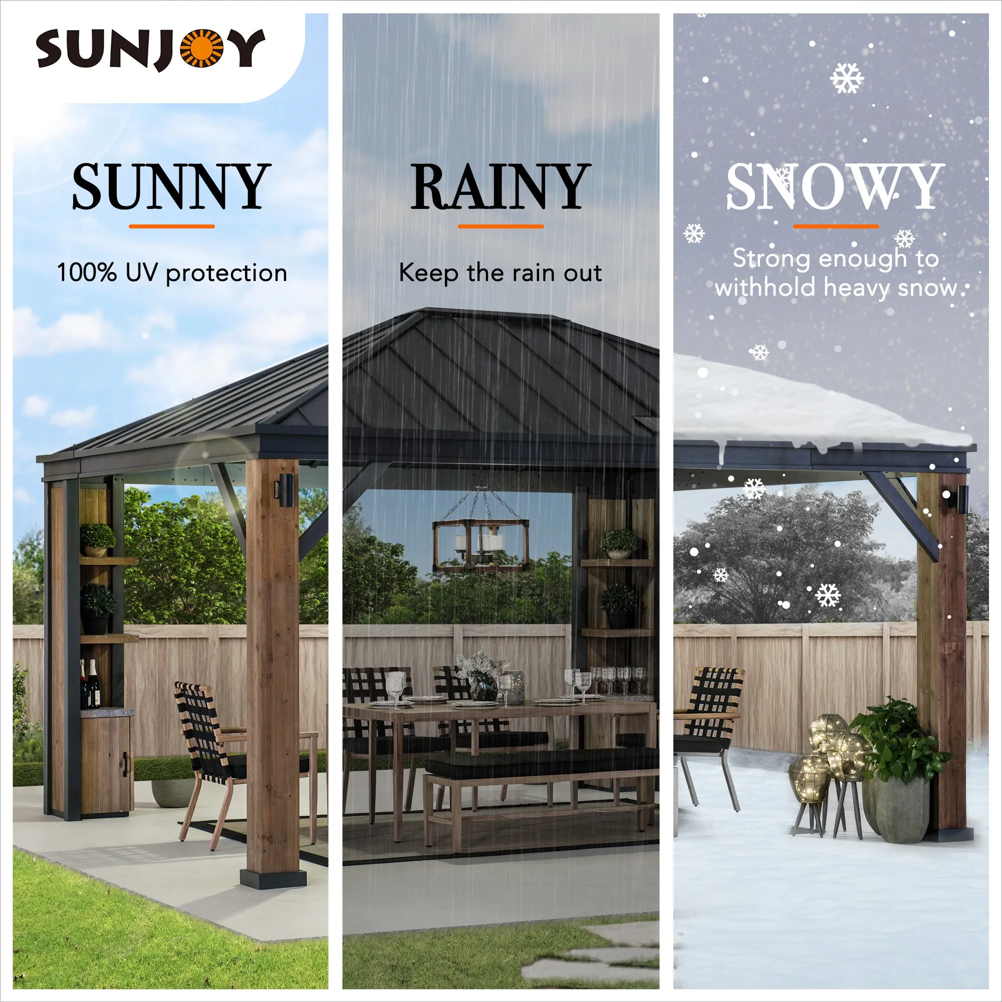 SUNJOY Outdoor Patio 12x14 Solar Powered Backyard Hardtop Wooden Gazebo with LED Light and Bluetooth Sound