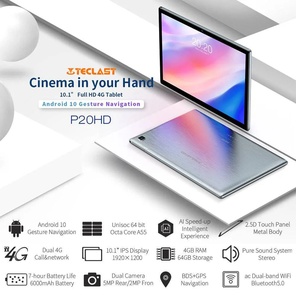 Teclast P20HD 10.1 Inch Tablet Android 10.0 OS 4GB RAM 64GB ROM 1920×1200 6000mAh AI-speed-up